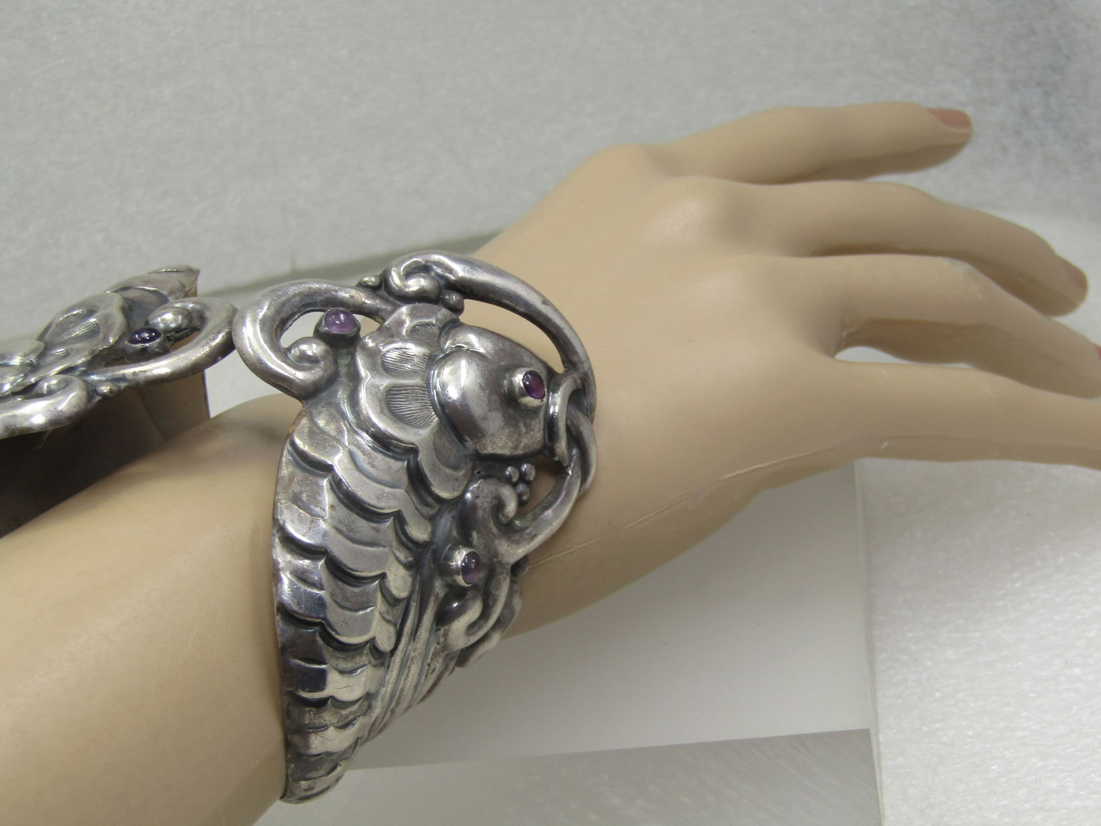 Vintage Sterling Double Fish Clamper Bracelet, Amethyst Accents, 7.5", Signed Valladares - 8