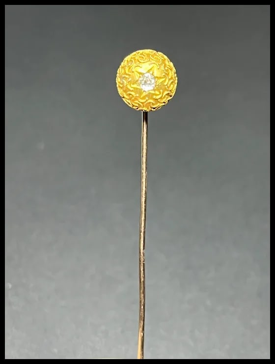 Vintage European Cut Diamond 14k Gold Ornate Ball Stickpin - 3