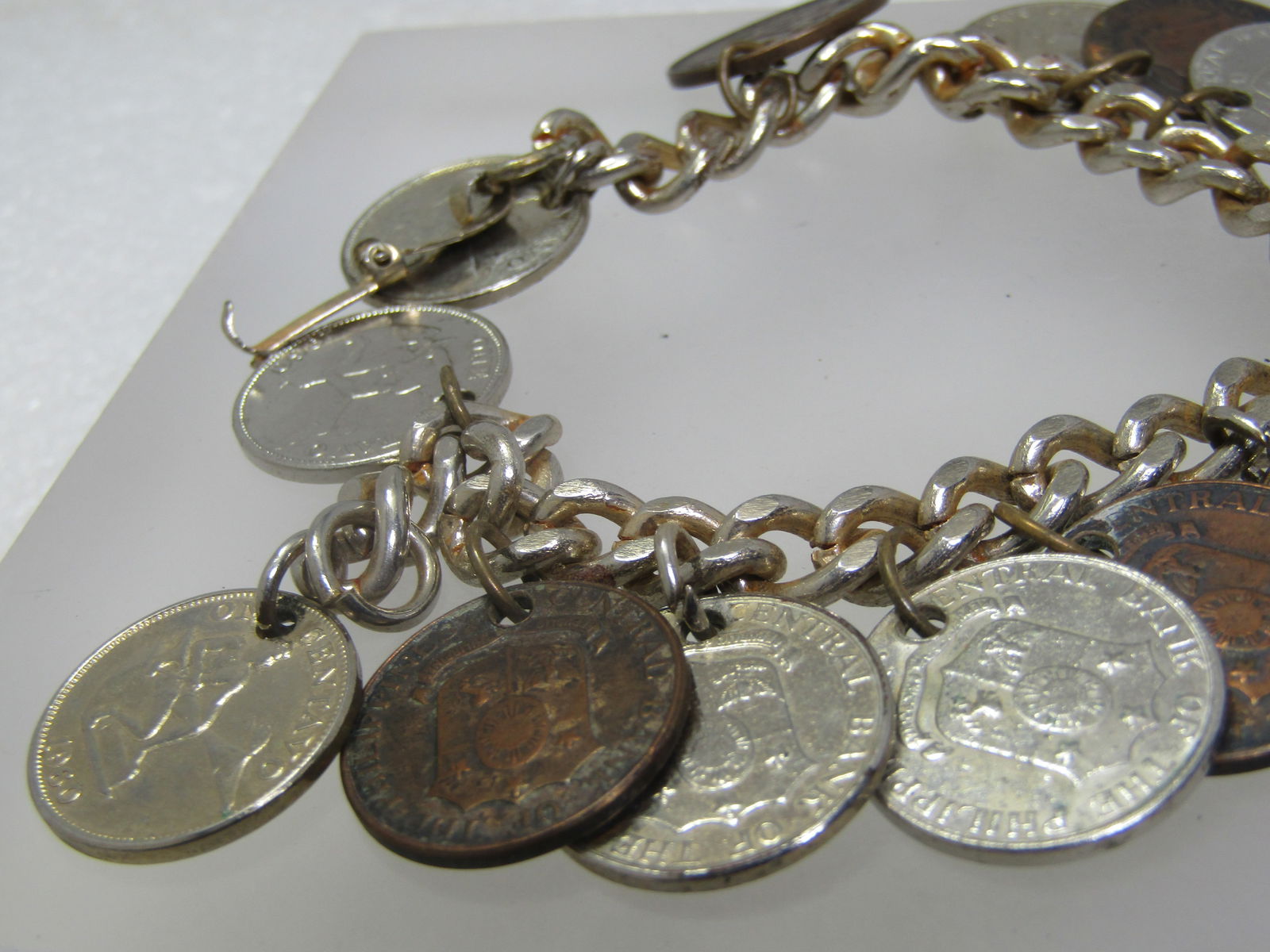 Vintage Foreign Coin Bracelet, 15 Coins, 7", Phillipines , 1960's - 2