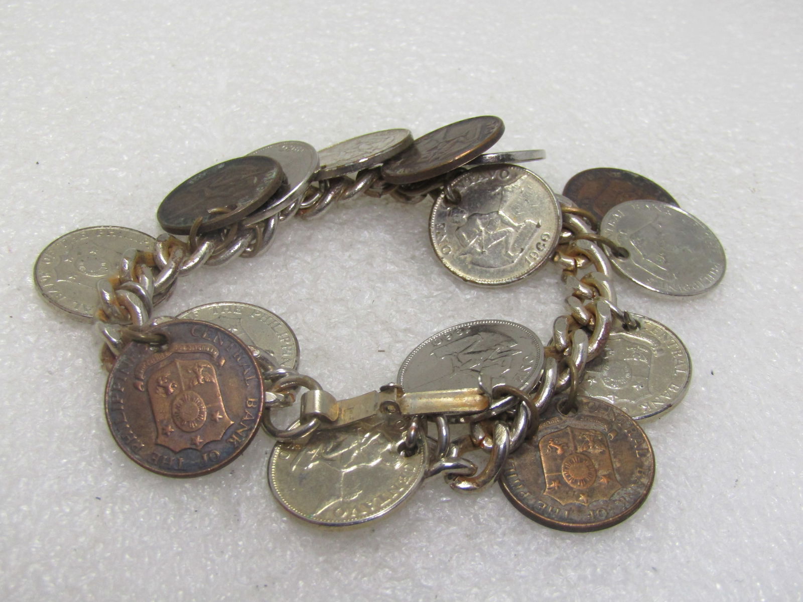 Vintage Foreign Coin Bracelet, 15 Coins, 7", Phillipines , 1960's - 5