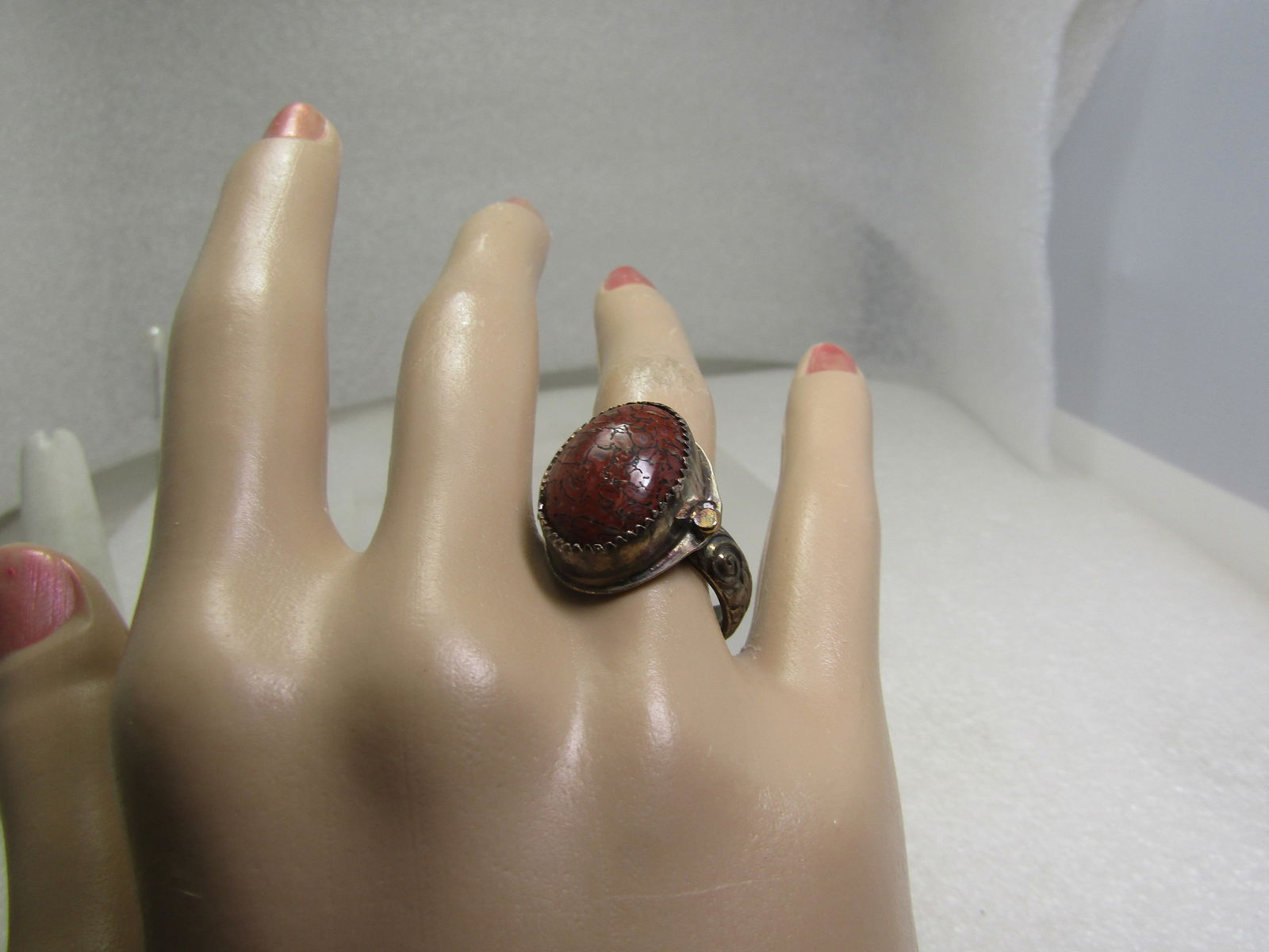 Vintage Sterling Red Jasper Ring, Boho/Southwestern, Sz. 8.25, Signed MGM - 6