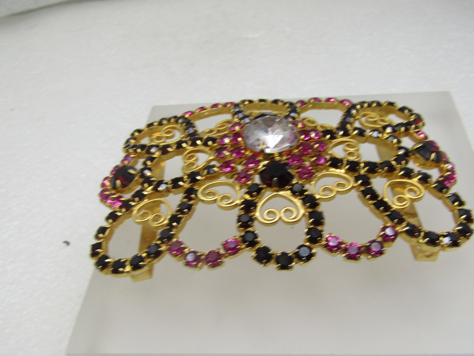 Pink & Black Rhinestone Buckle, Scrolled 3-1/8" by 2.75" - 2