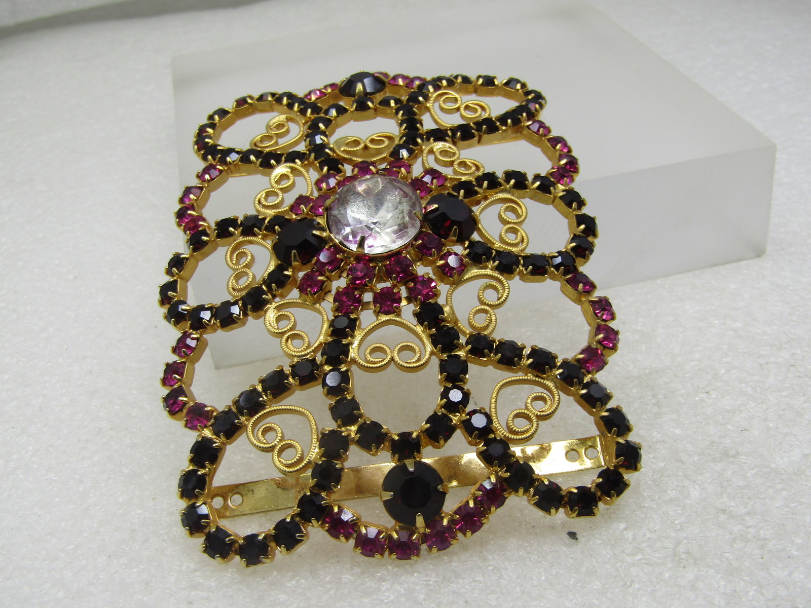 Pink & Black Rhinestone Buckle, Scrolled 3-1/8" by 2.75" - 7