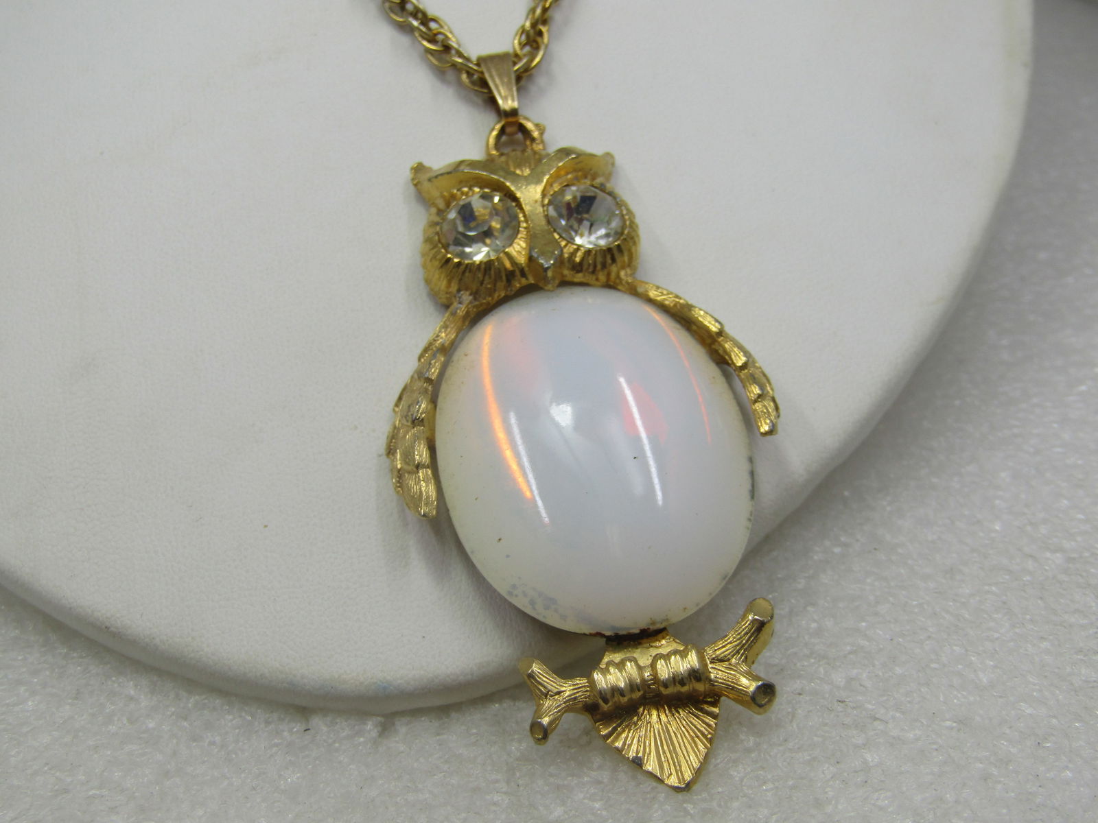 Vintage White Glass & Rhinestone Owl Necklace, 1960's, 24" - 3