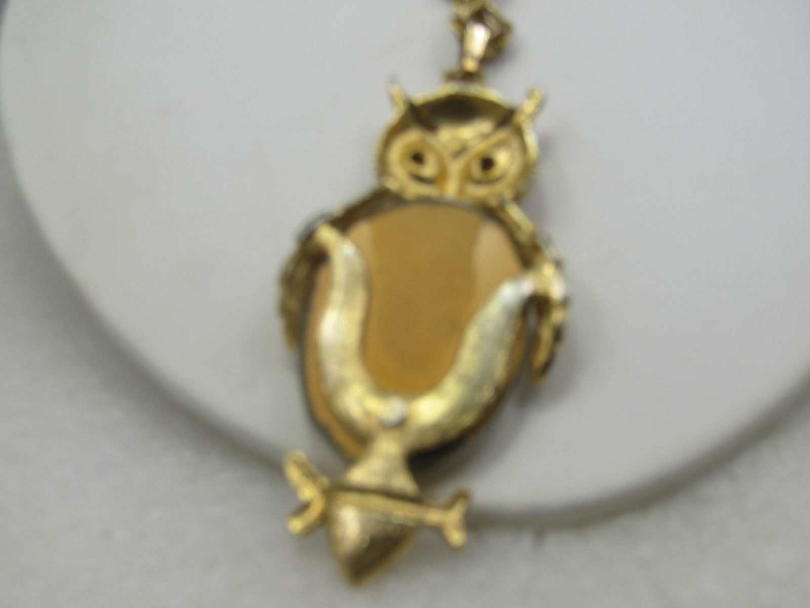 Vintage White Glass & Rhinestone Owl Necklace, 1960's, 24" - 4