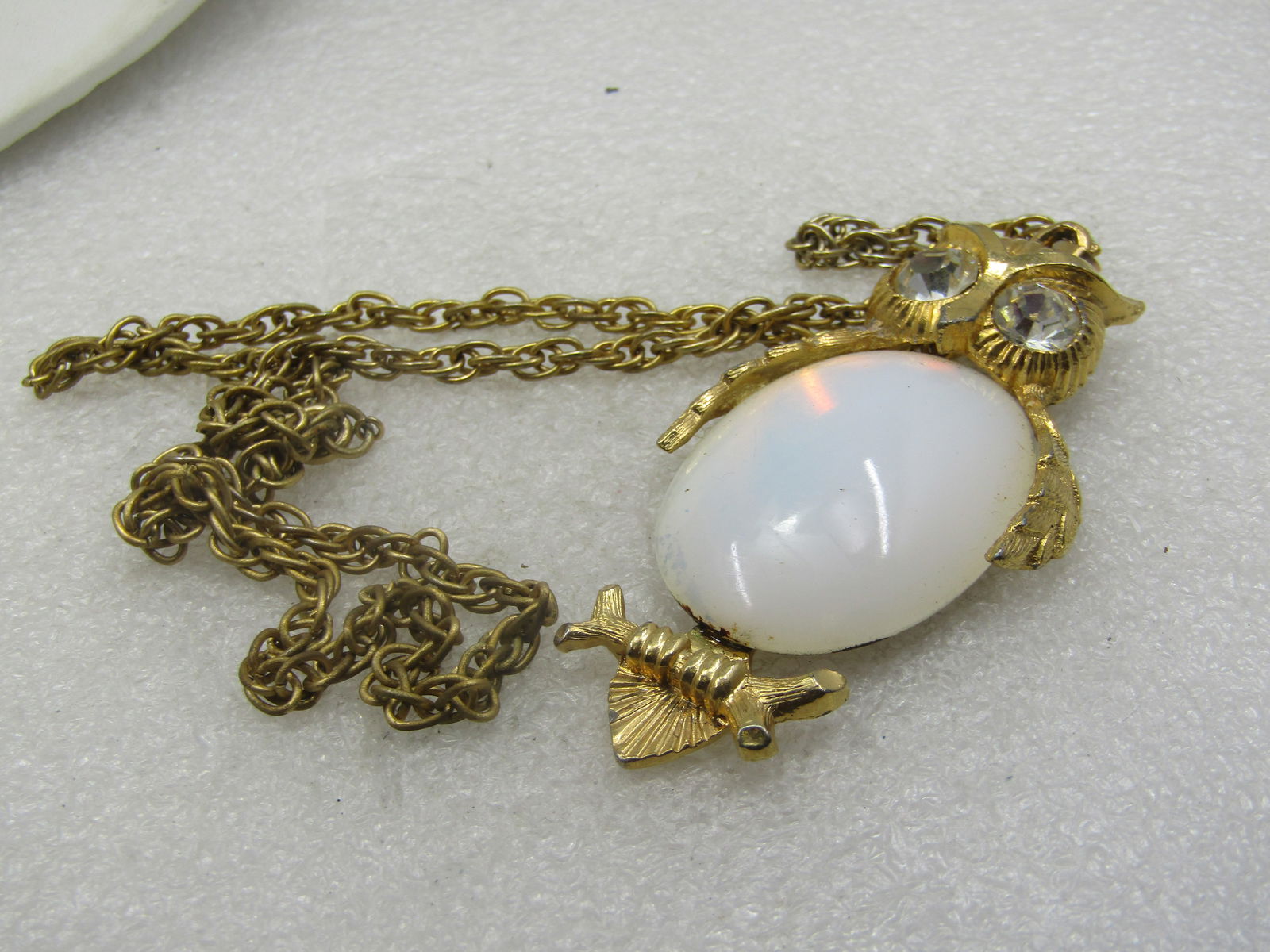 Vintage White Glass & Rhinestone Owl Necklace, 1960's, 24" - 5