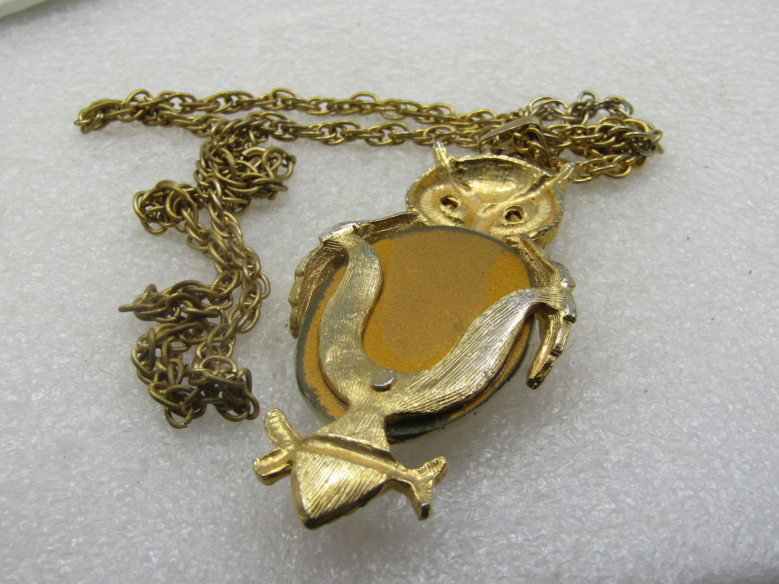 Vintage White Glass & Rhinestone Owl Necklace, 1960's, 24" - 7