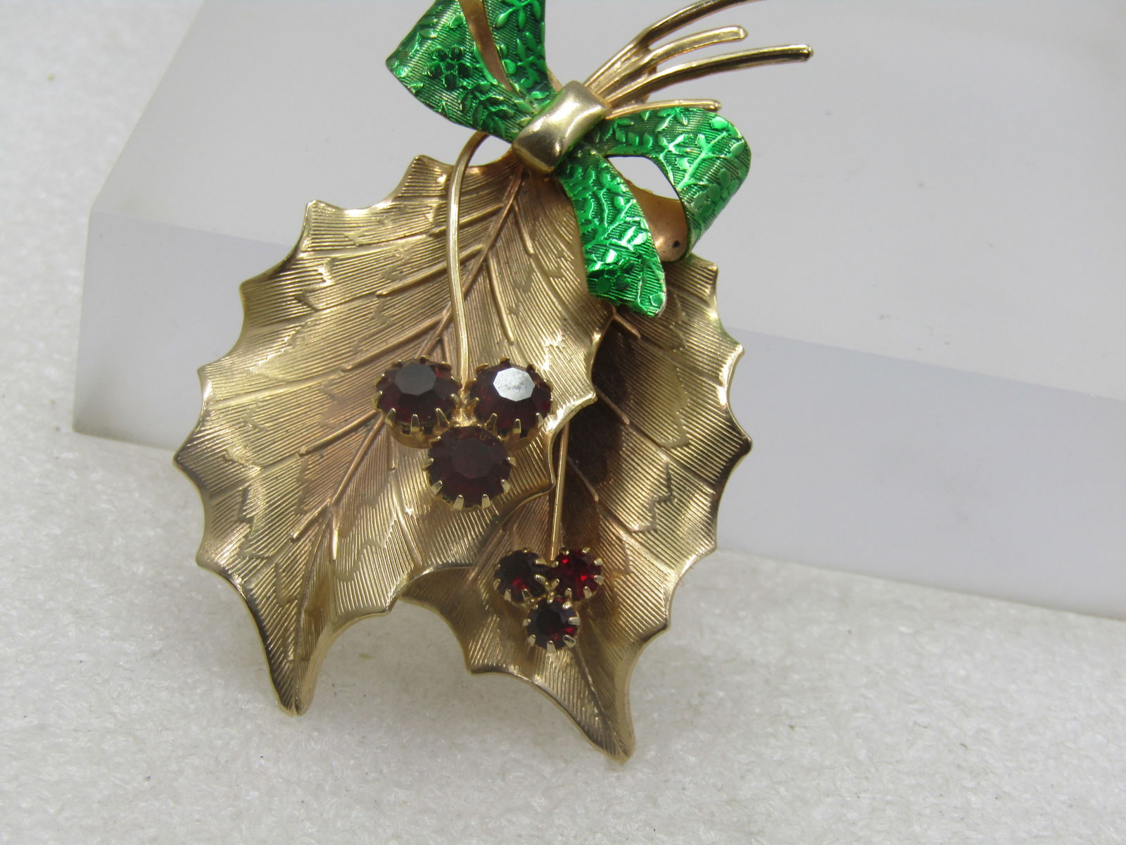 Vintage Enameled Rhinestone Holly Brooch Signed St. Labre, 1960's - 2
