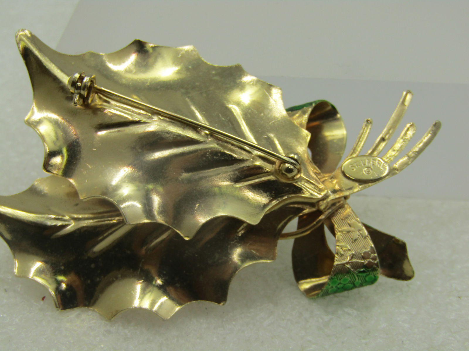 Vintage Enameled Rhinestone Holly Brooch Signed St. Labre, 1960's - 4