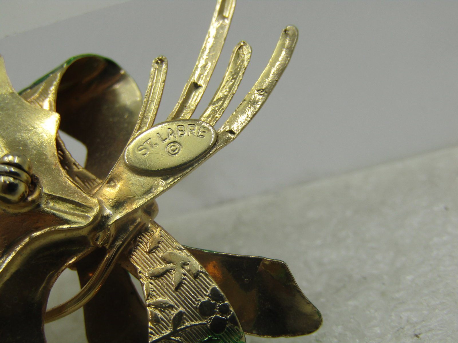 Vintage Enameled Rhinestone Holly Brooch Signed St. Labre, 1960's - 5