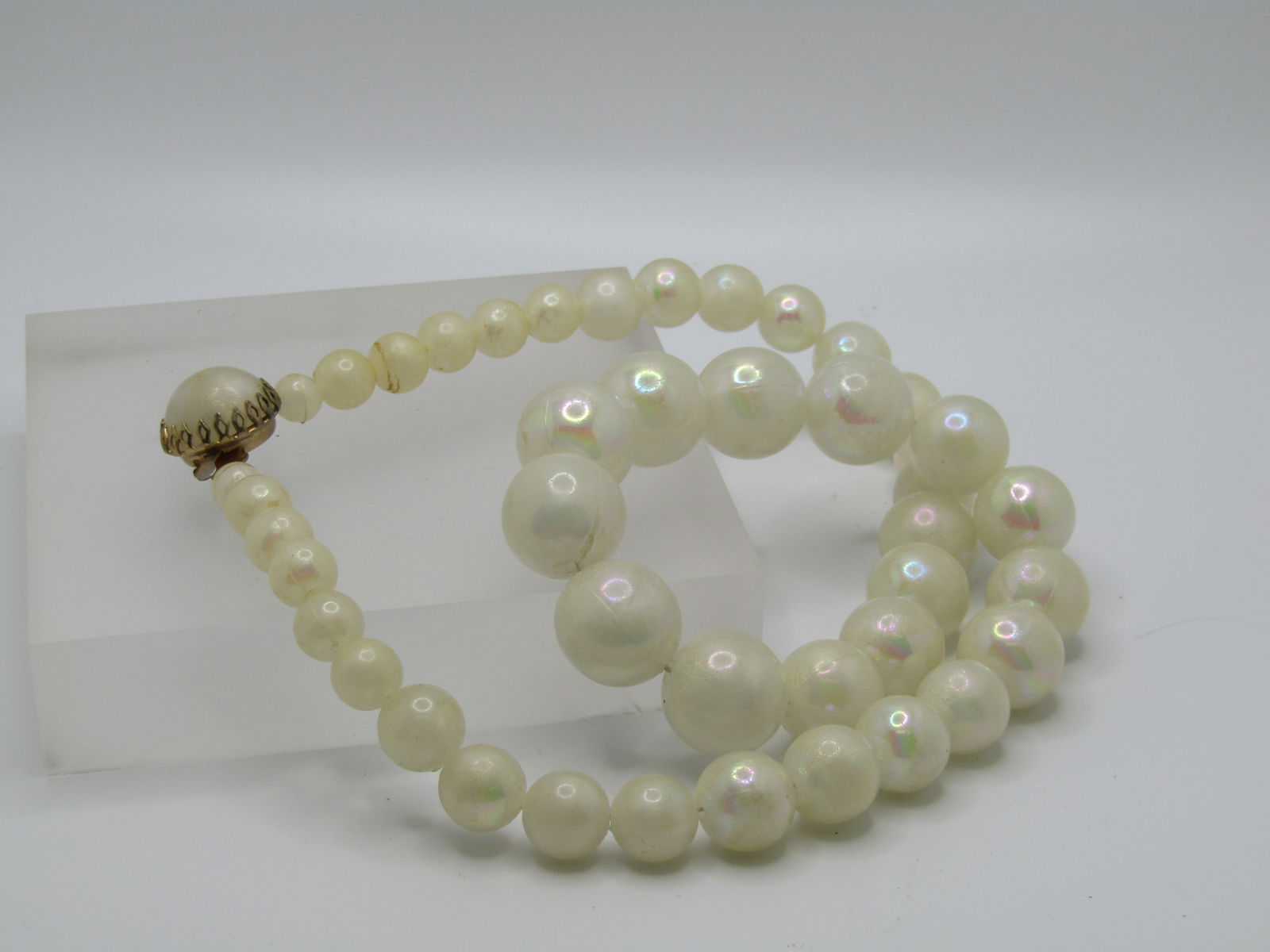 Vintage Iridescent Faux Pearl Necklace, Graduated, 23", Blox Clasp, 1940's-1950's - 3