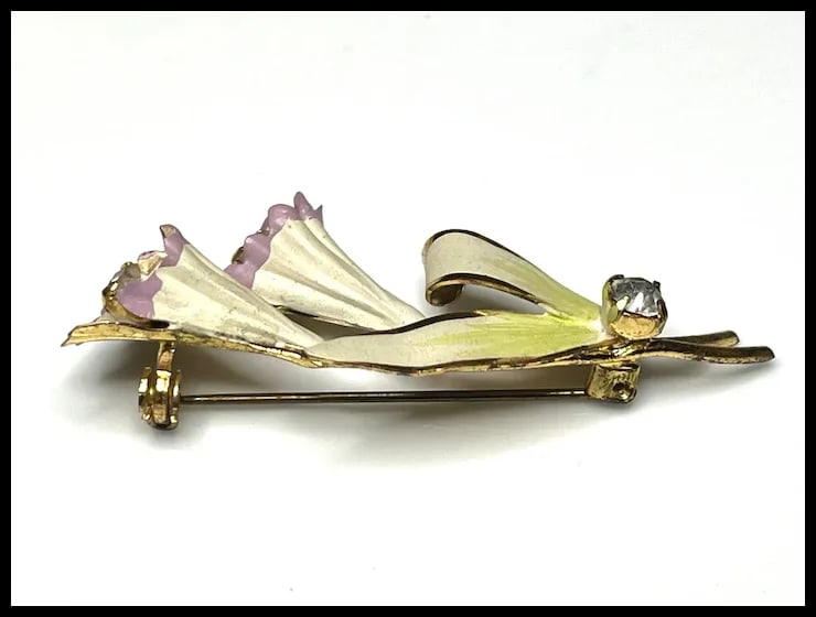 Vintage Lilly Brooch Enamel and Rhinestone Brooch - 5
