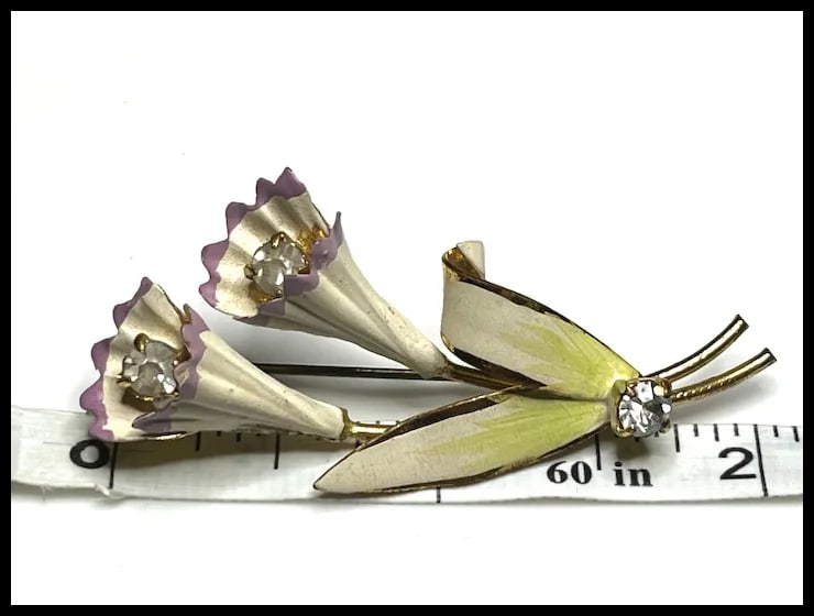 Vintage Lilly Brooch Enamel and Rhinestone Brooch - 7
