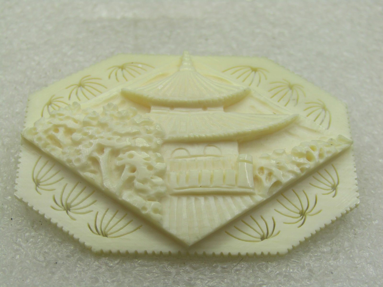 Sterling Carved White Pagoda Brooch, Tiered, Trombone Clasp, 1930's-1940's - 2