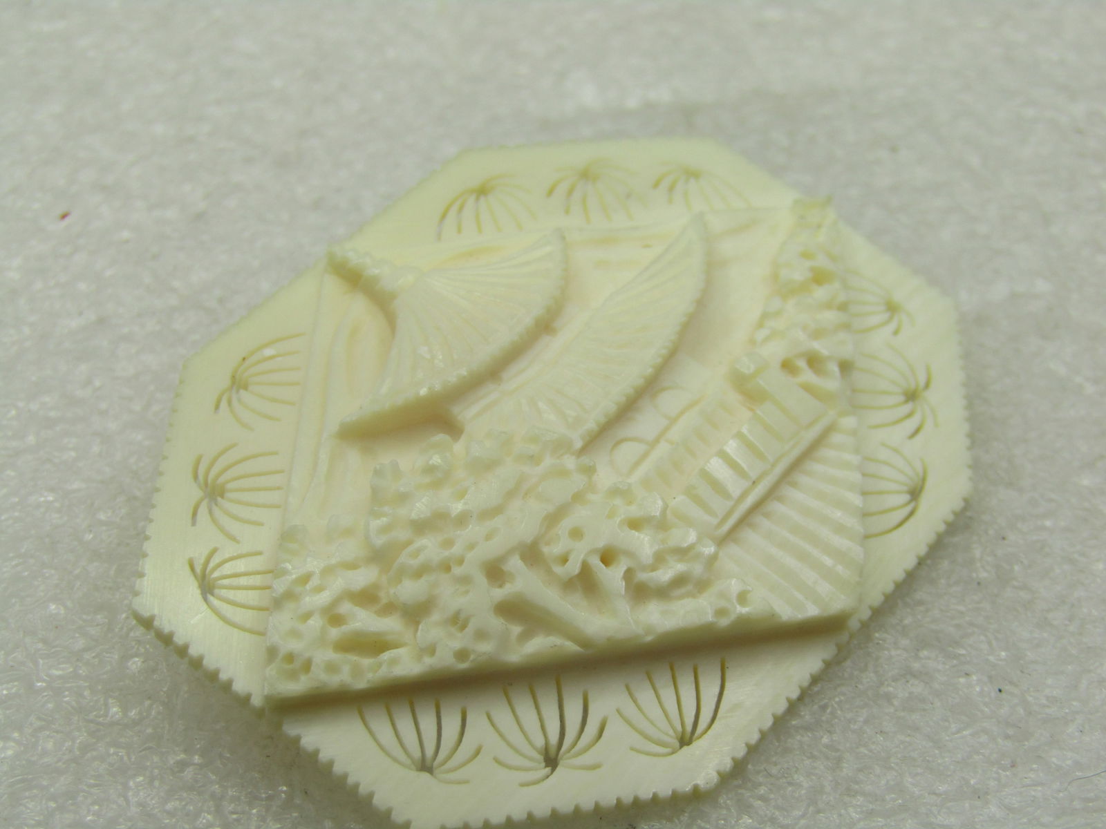 Sterling Carved White Pagoda Brooch, Tiered, Trombone Clasp, 1930's-1940's - 3