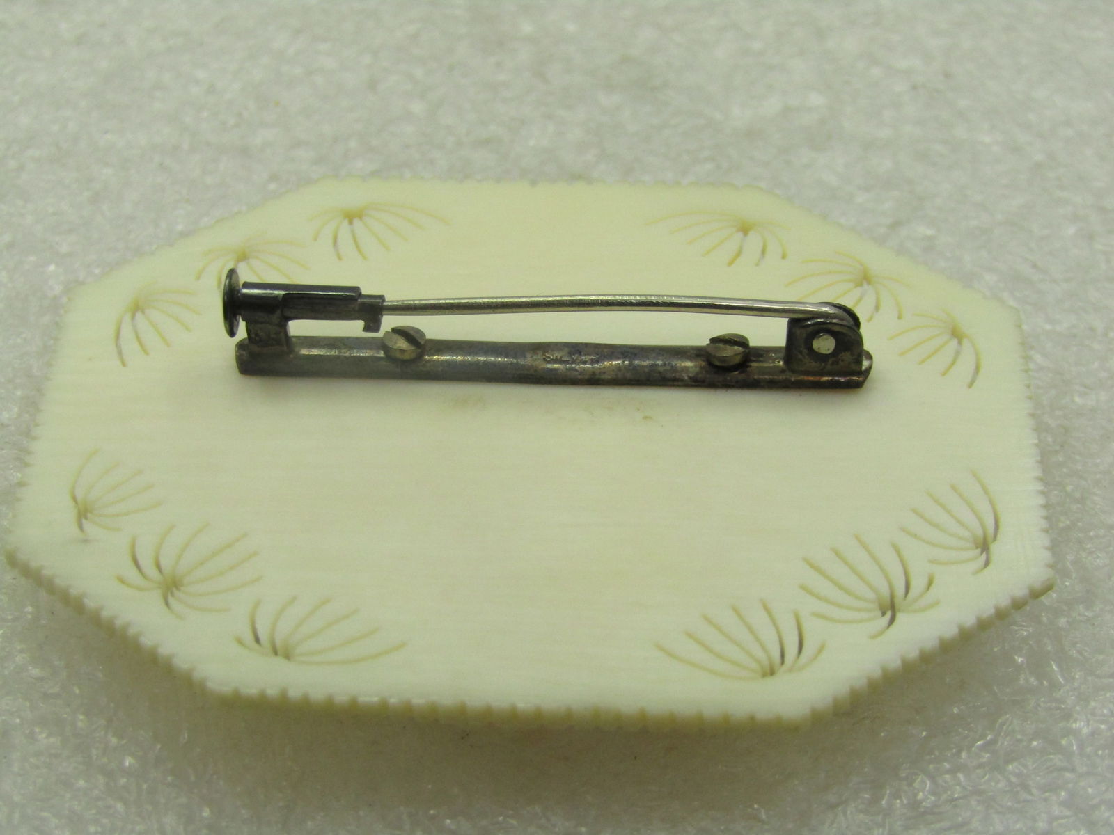 Sterling Carved White Pagoda Brooch, Tiered, Trombone Clasp, 1930's-1940's - 4