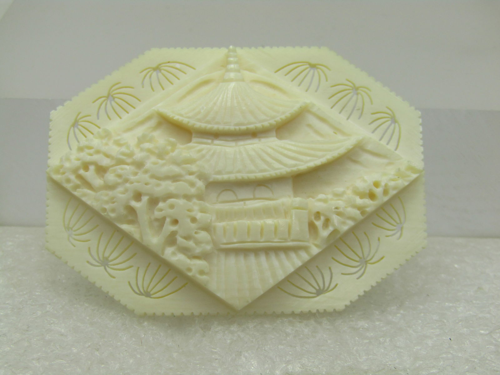Sterling Carved White Pagoda Brooch, Tiered, Trombone Clasp, 1930's-1940's - 5