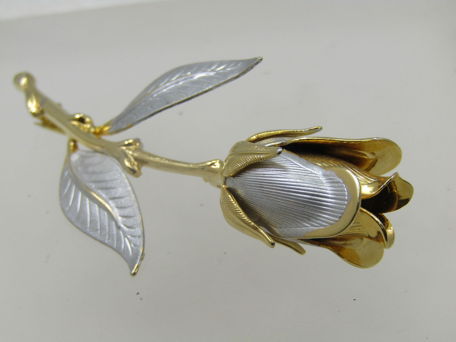 Vintage Long Stone Rose Brooch, Two-Tone, 3" - 2