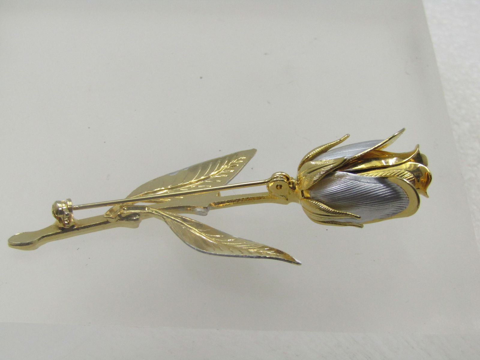 Vintage Long Stone Rose Brooch, Two-Tone, 3" - 5