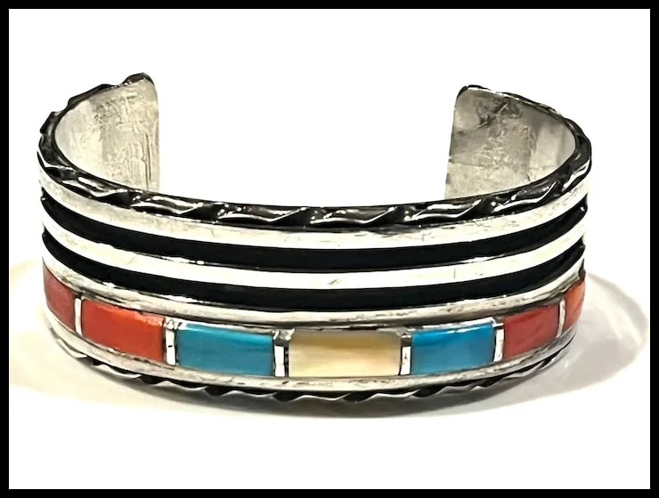 Vintage Zuni Sterling Silver Turquoise, Coral, and Shell Channel Inlay Cuff/ Bracelet - 2