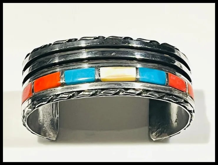 Vintage Zuni Sterling Silver Turquoise, Coral, and Shell Channel Inlay Cuff/ Bracelet - 4