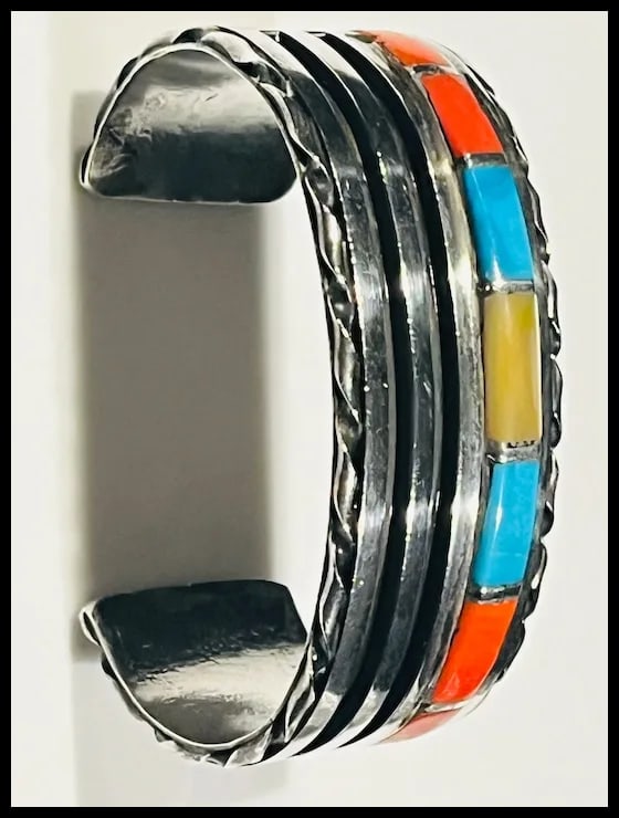 Vintage Zuni Sterling Silver Turquoise, Coral, and Shell Channel Inlay Cuff/ Bracelet - 5