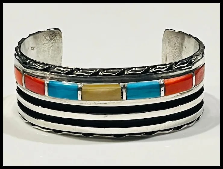 Vintage Zuni Sterling Silver Turquoise, Coral, and Shell Channel Inlay Cuff/ Bracelet - 6