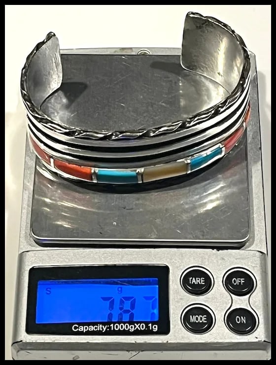 Vintage Zuni Sterling Silver Turquoise, Coral, and Shell Channel Inlay Cuff/ Bracelet - 8
