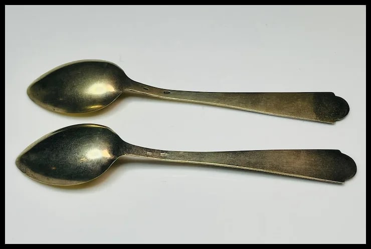 Two Vintage Soviet Russian 875 Silver and Enamel Detailed Teaspoons Gold Wash - 7