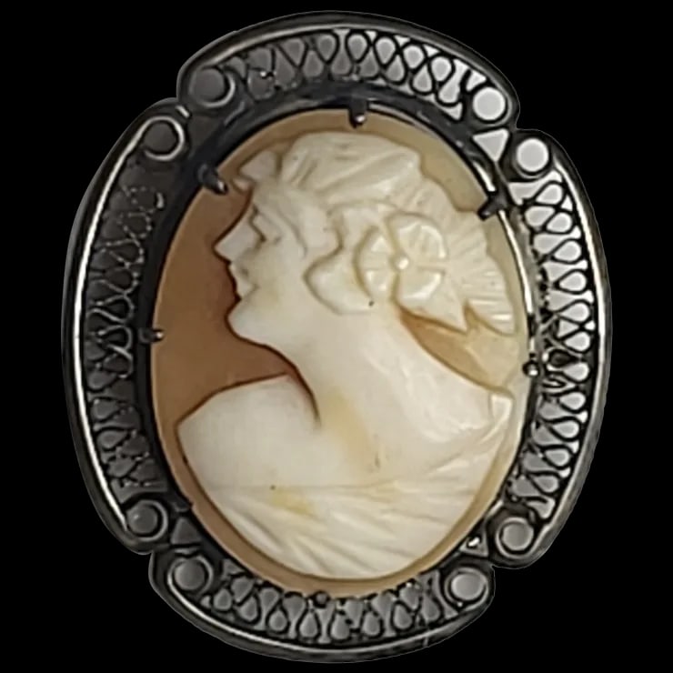 Vintage Silver Hand-Carved Shell Filigree Cameo Pin/Brooch: Title: Vintage Silver Hand-Carved Shell Filigree Cameo Pin/Brooch Description: Vintage Silver Hand-Carved Shell Filagree Cameo Pin/Brooch Date/Period: Vintage Materials: Shell Size: 1 x 1 inches 