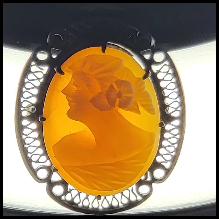 Vintage Silver Hand-Carved Shell Filigree Cameo Pin/Brooch - 5