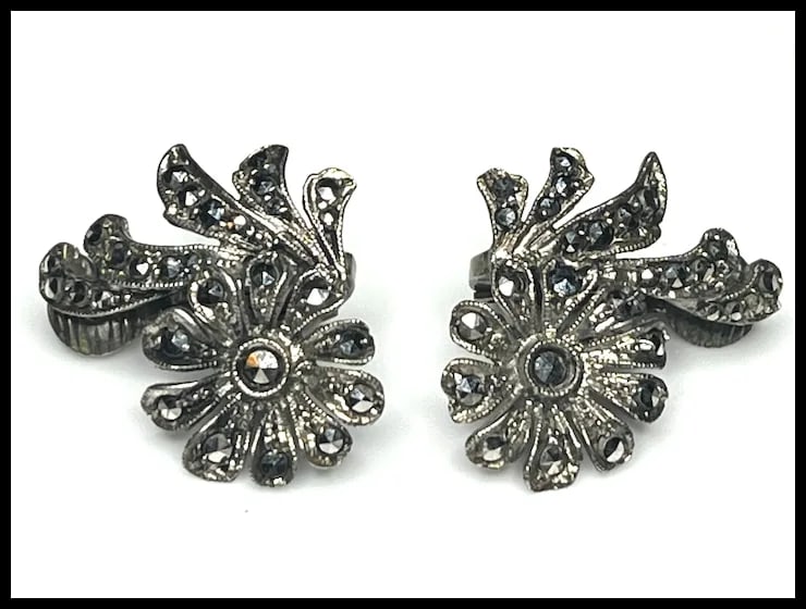 Vintage Sterling Silver & Marcasite Floral Clip Earrings - 2