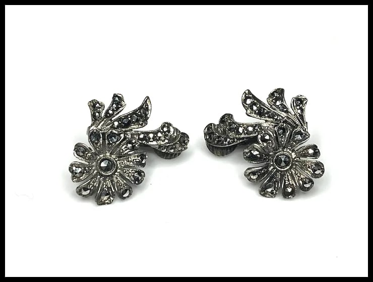 Vintage Sterling Silver & Marcasite Floral Clip Earrings - 3