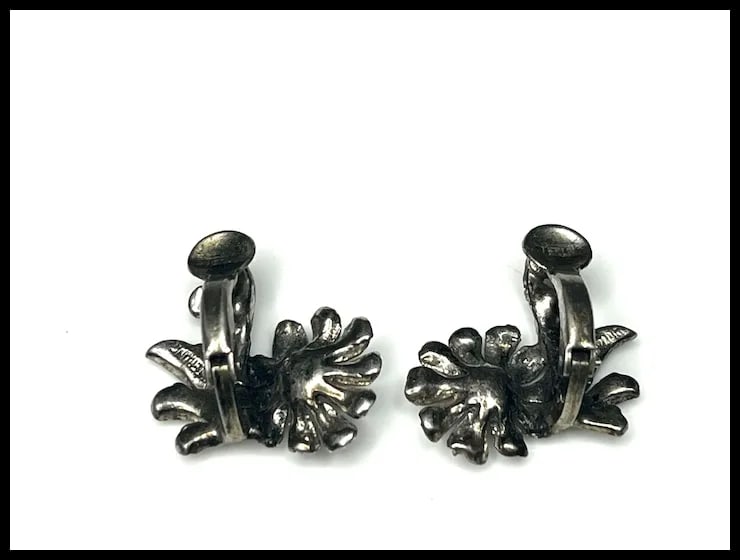 Vintage Sterling Silver & Marcasite Floral Clip Earrings - 4