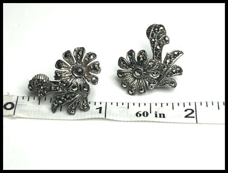 Vintage Sterling Silver & Marcasite Floral Clip Earrings - 8