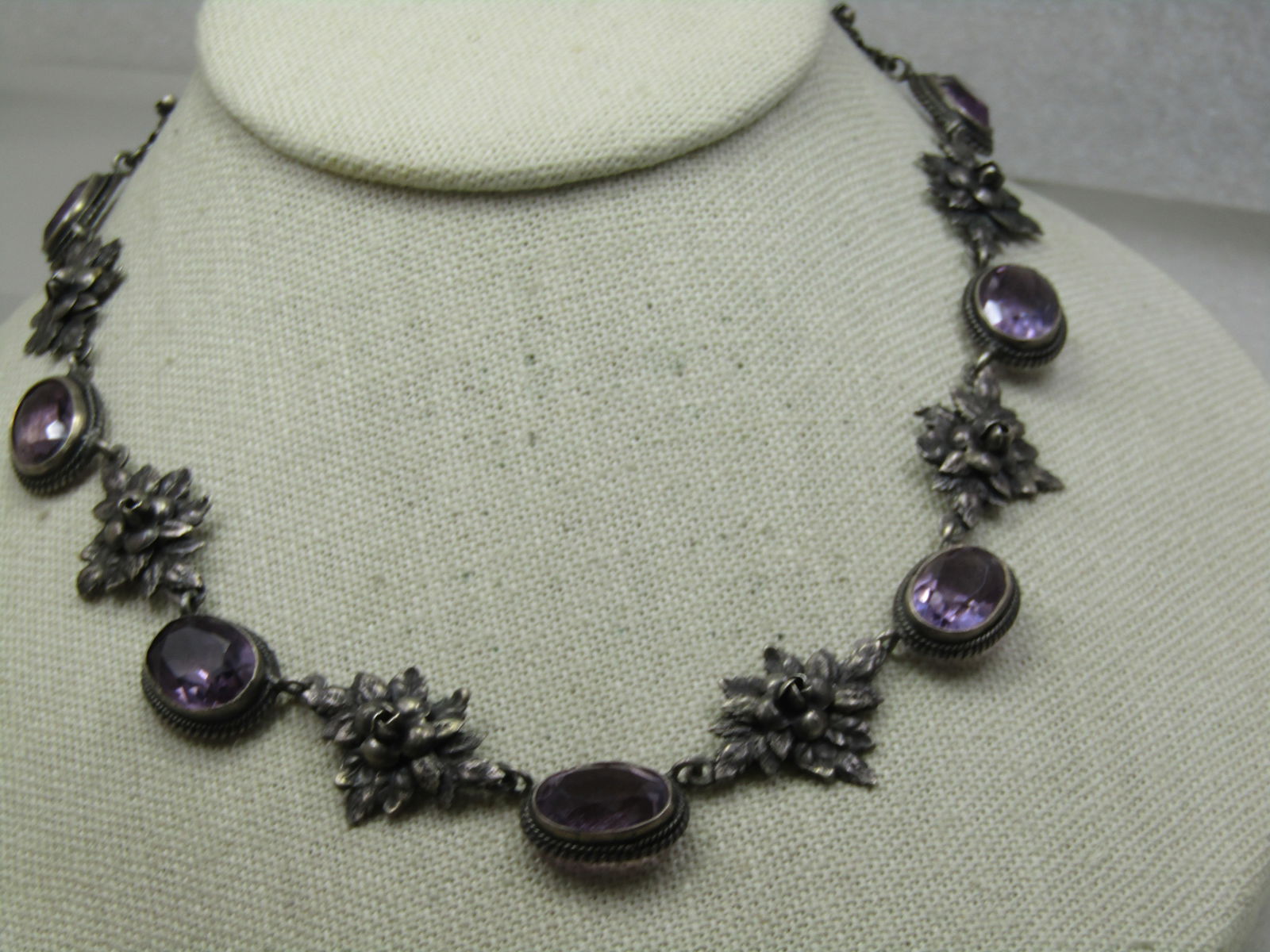 Vintage Sterling Amethyst Floral Necklace, Signed Fratelli Peruzzi, Italy. 16.5", 1940's-1950's - 2