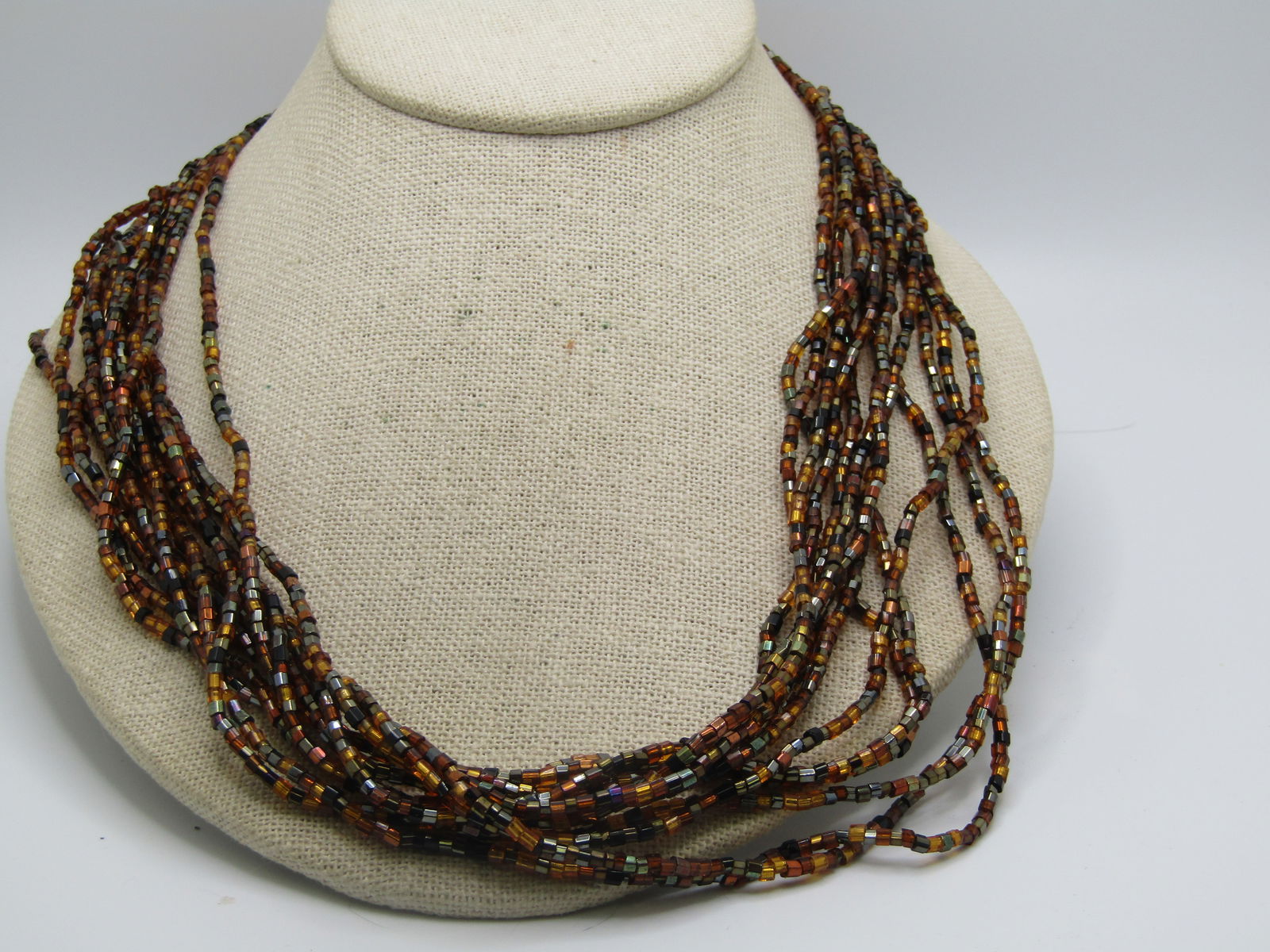 Vintage 12 Strand Amber & Black Beaded Necklace, Glass Seed Beads, 1980's-1990's (1 of 6)