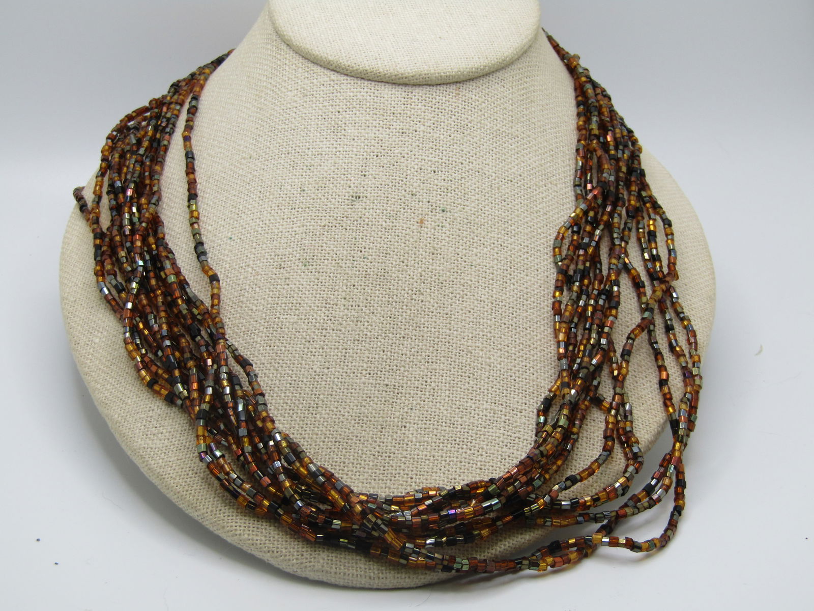 Vintage 12 Strand Amber & Black Beaded Necklace, Glass Seed Beads, 1980's-1990's - 2