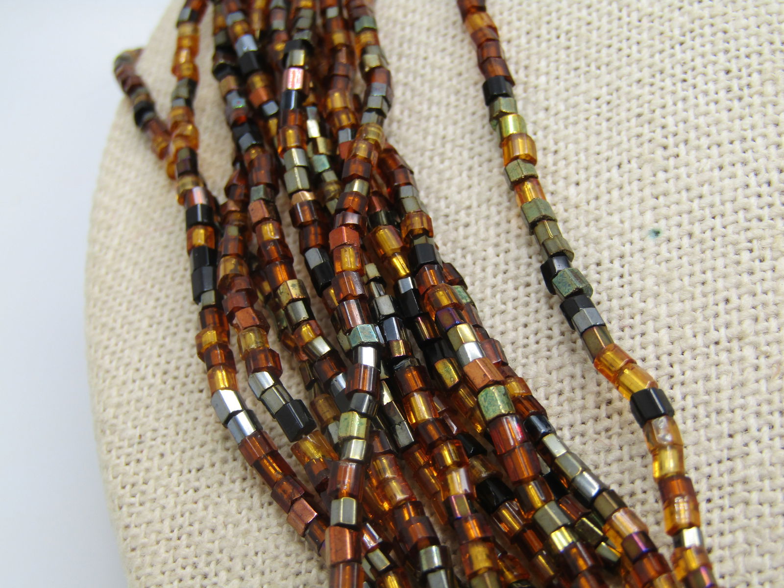 Vintage 12 Strand Amber & Black Beaded Necklace, Glass Seed Beads, 1980's-1990's - 3