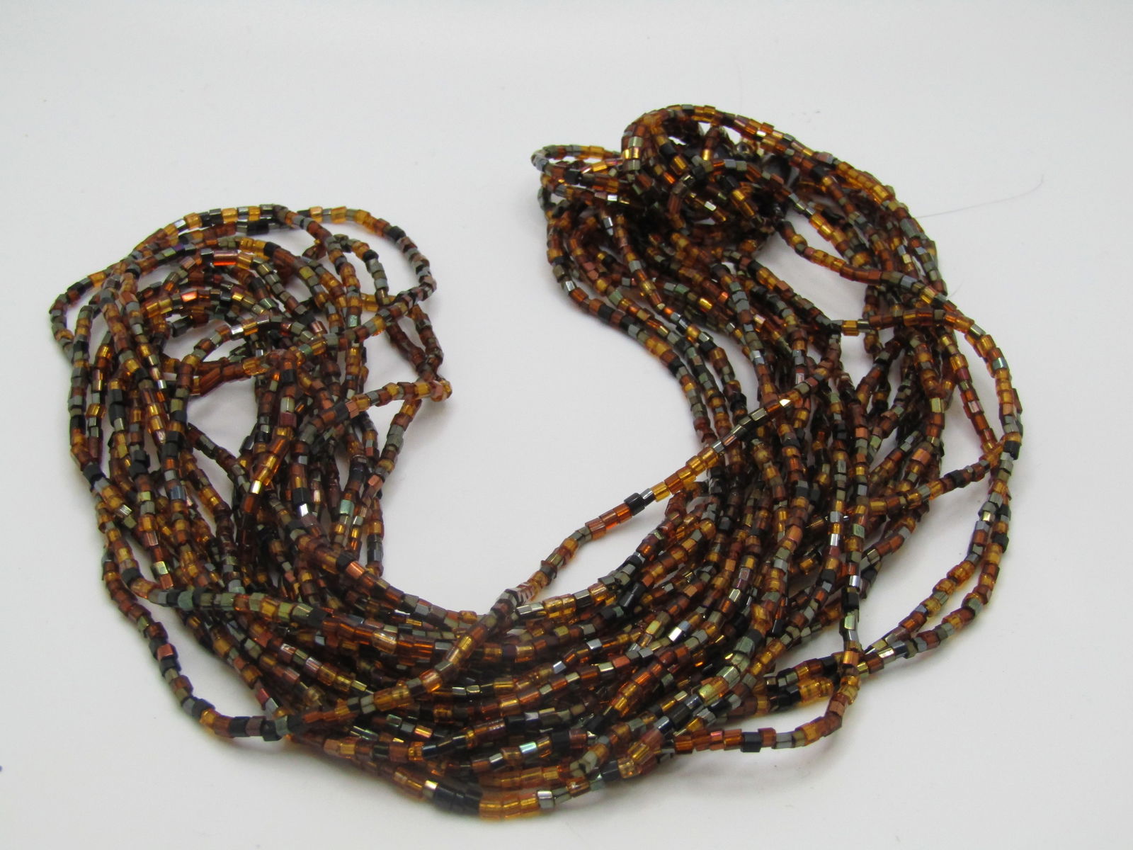 Vintage 12 Strand Amber & Black Beaded Necklace, Glass Seed Beads, 1980's-1990's - 4