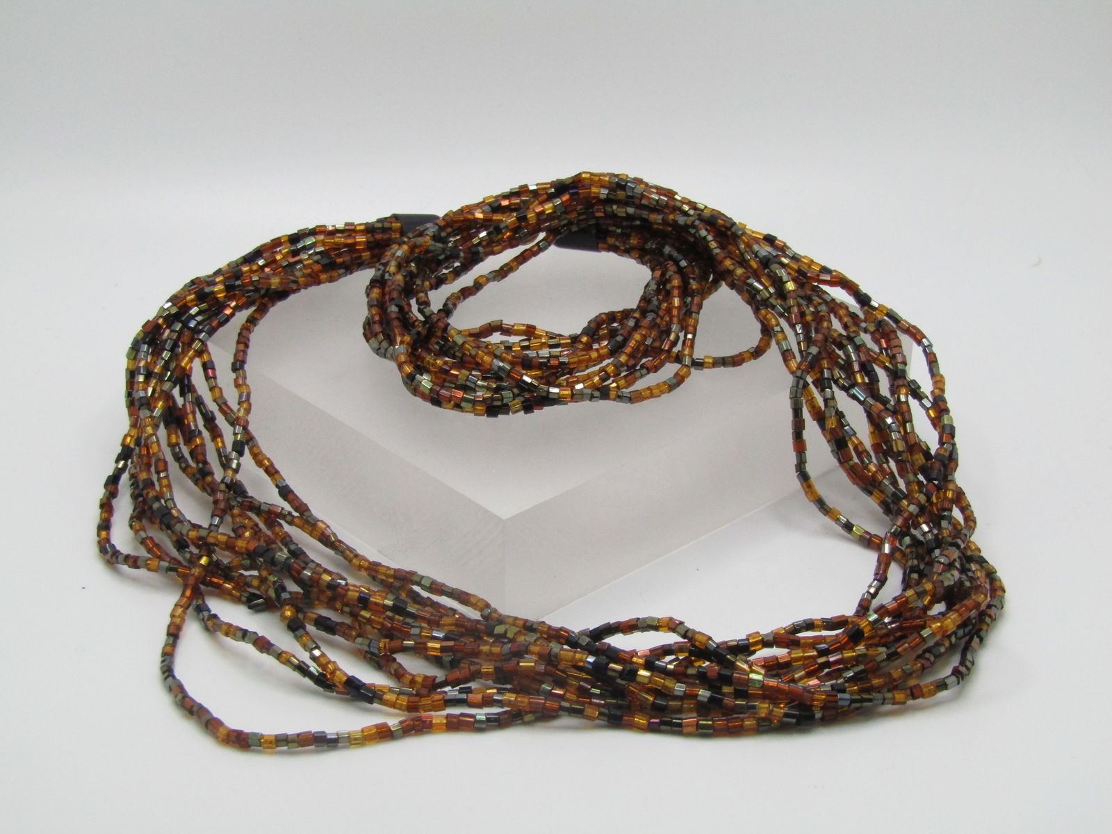 Vintage 12 Strand Amber & Black Beaded Necklace, Glass Seed Beads, 1980's-1990's - 6