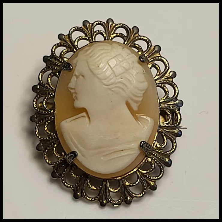Vintage Ornate Silver Hand-Carved Shell Filigree Cameo Pin/Brooch - 2