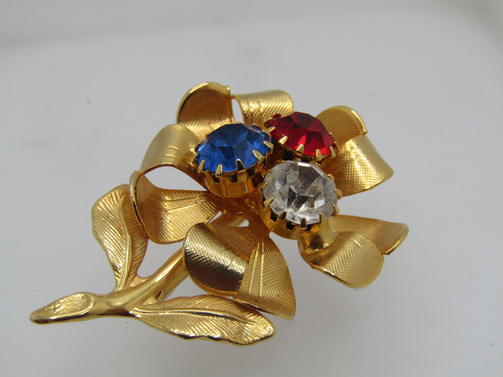 Vintage Red, White, Blue Floral Brooch, Rhinestone, 1.75" (1 of 5)
