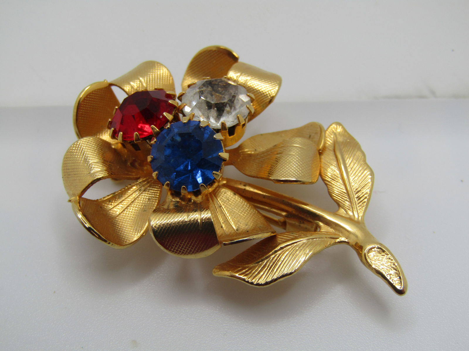 Vintage Red, White, Blue Floral Brooch, Rhinestone, 1.75" - 3