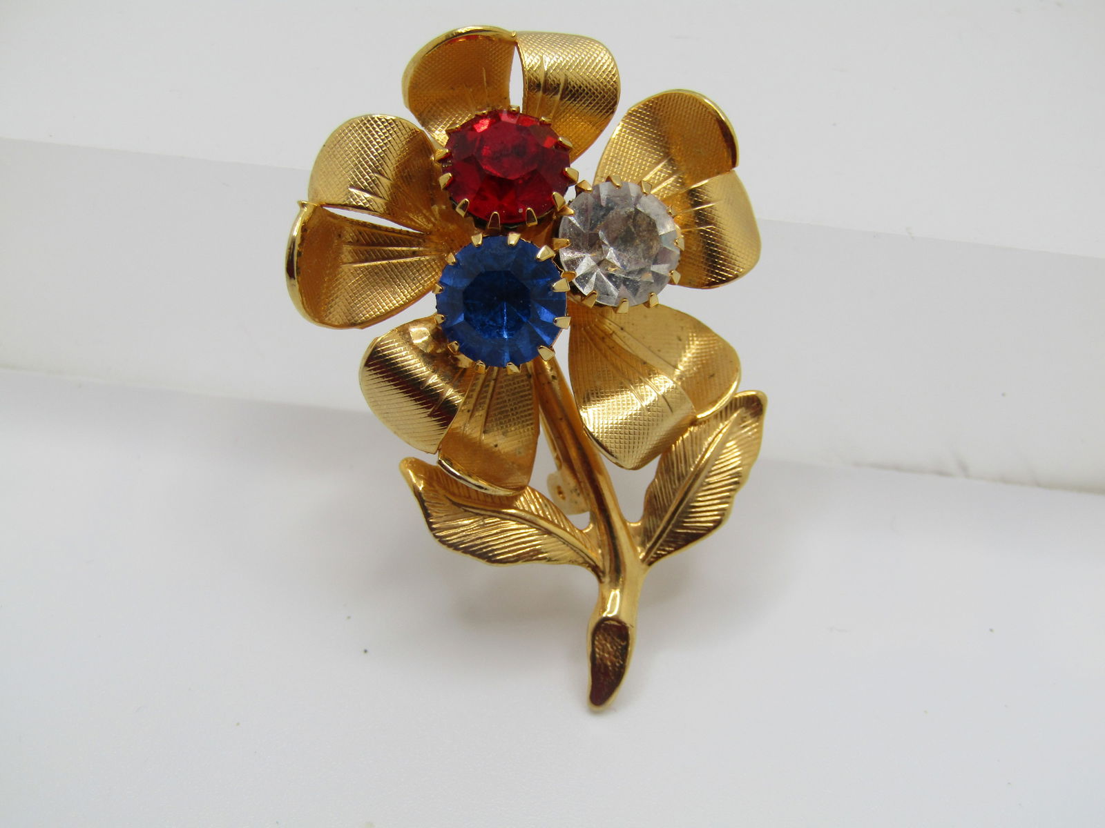 Vintage Red, White, Blue Floral Brooch, Rhinestone, 1.75" - 4