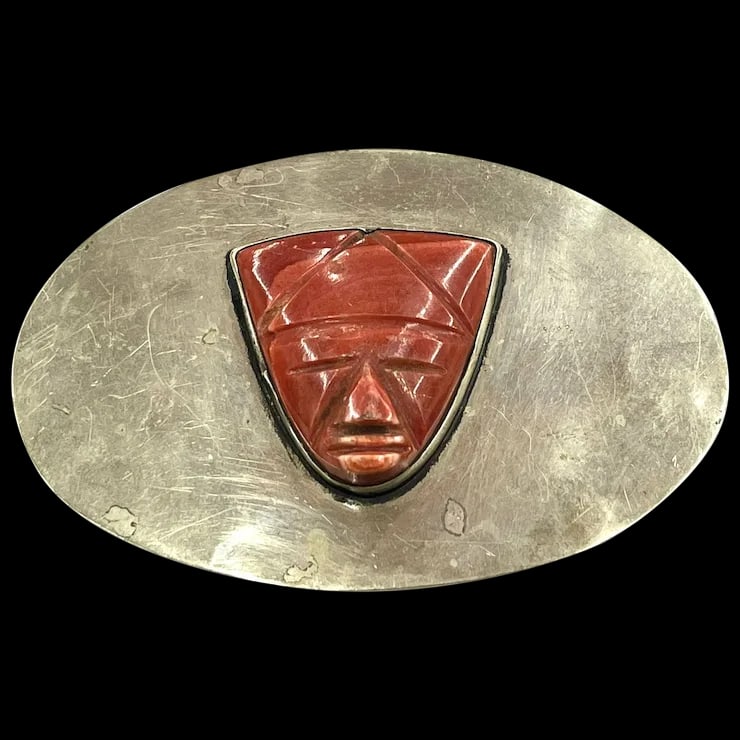 Vintage Oversized Sterling Silver and Carved Natural Stone Face Belt Buckle (1 of 11)