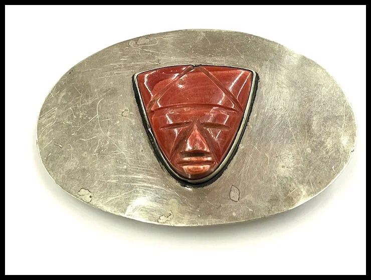 Vintage Oversized Sterling Silver and Carved Natural Stone Face Belt Buckle - 2