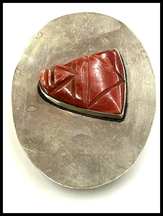 Vintage Oversized Sterling Silver and Carved Natural Stone Face Belt Buckle - 3