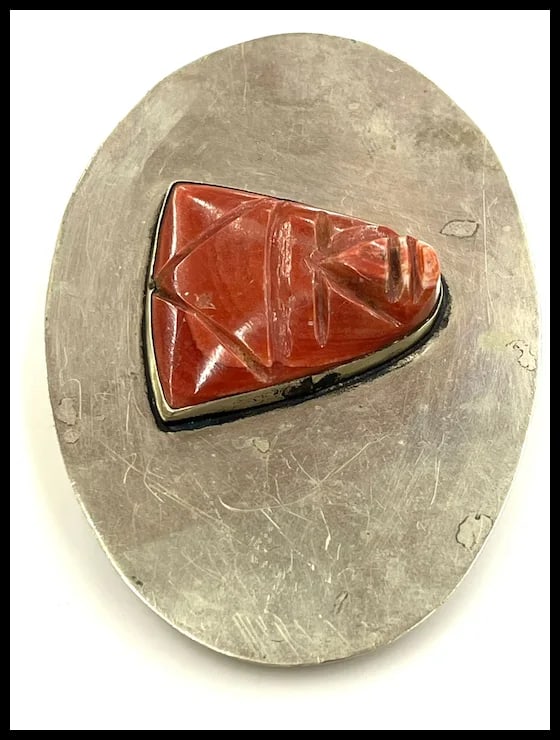 Vintage Oversized Sterling Silver and Carved Natural Stone Face Belt Buckle - 4