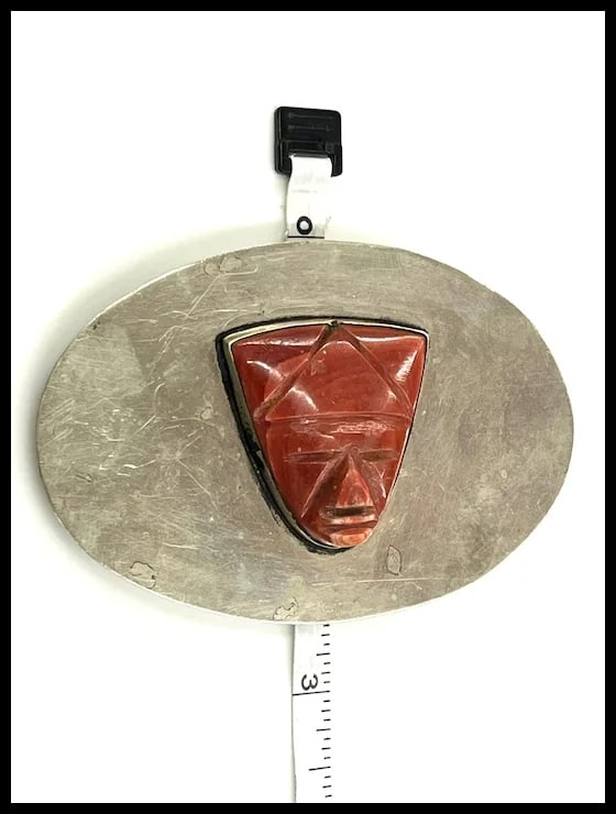 Vintage Oversized Sterling Silver and Carved Natural Stone Face Belt Buckle - 9